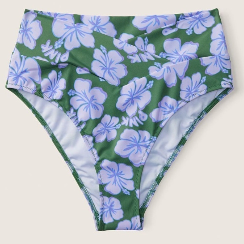 VS Pink V Crossover High-Waist Bikini Bottom Forest Pine Hibiscus